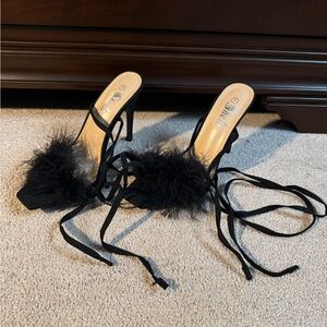SHEIN Black Fur Strap Heels